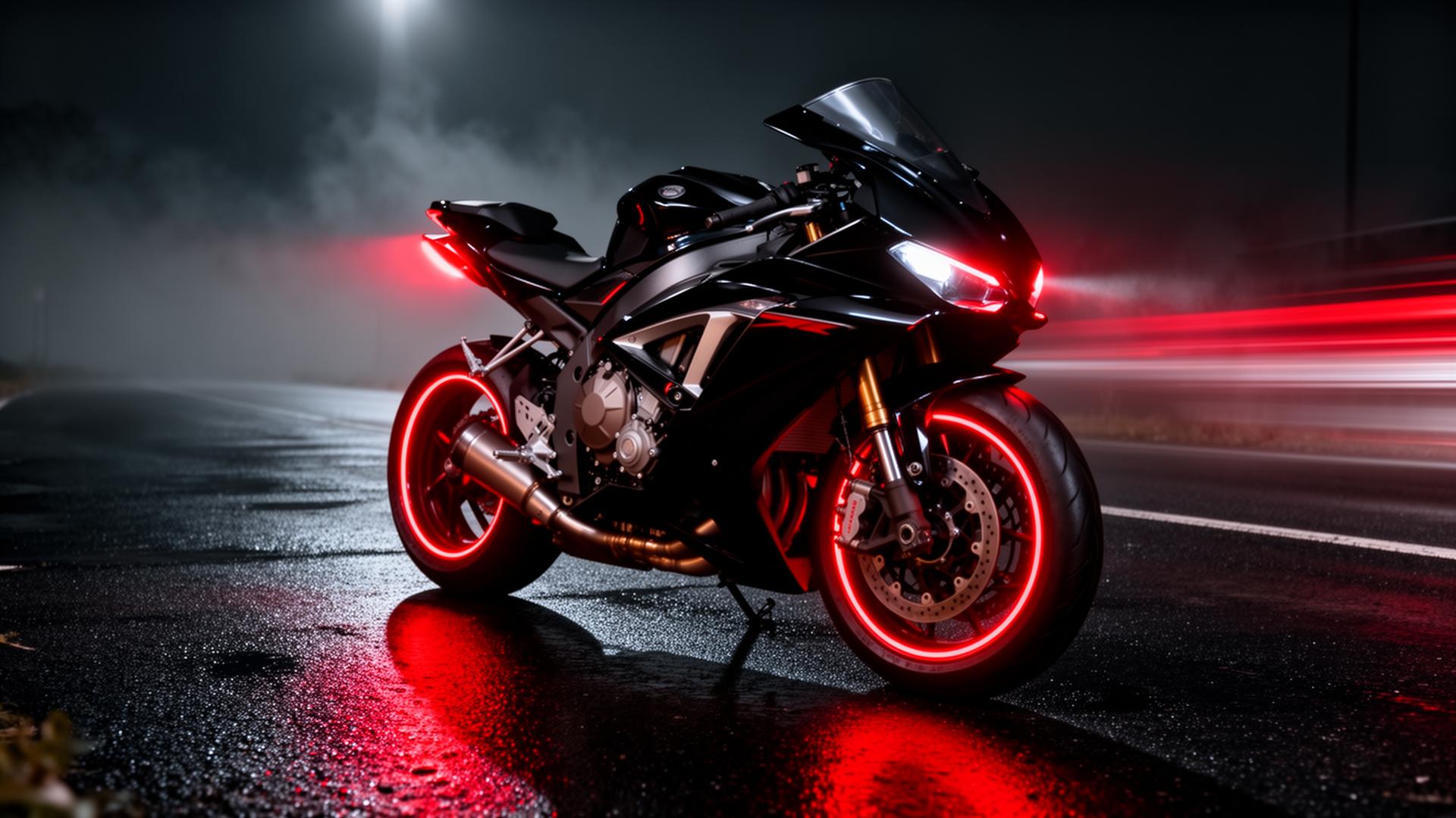 Sport motorcycle on wet asphalt at night